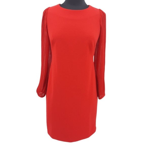 Vintage Dresses & Skirts - VTG 90s DR Collection Solid Red Shear Pleated Balloon Sleeve Dress Size 8